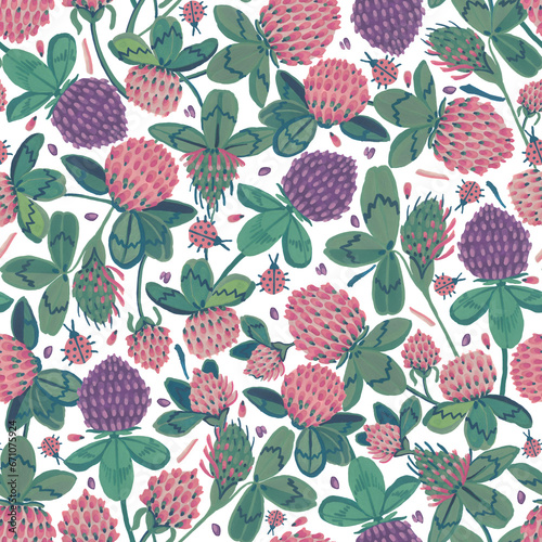 Seamless pattern. Gouache technique. Flowers, clover leaves and ladybugs.