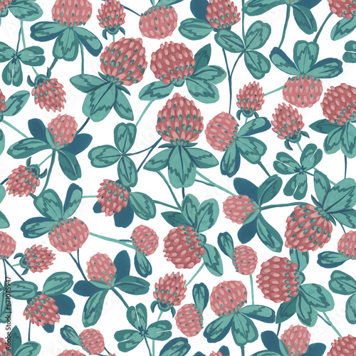 Seamless pattern. Gouache technique. Clover flowers and leaves.