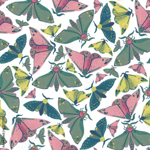 Seamless pattern. Gouache technique. Multi-colored butterflies.