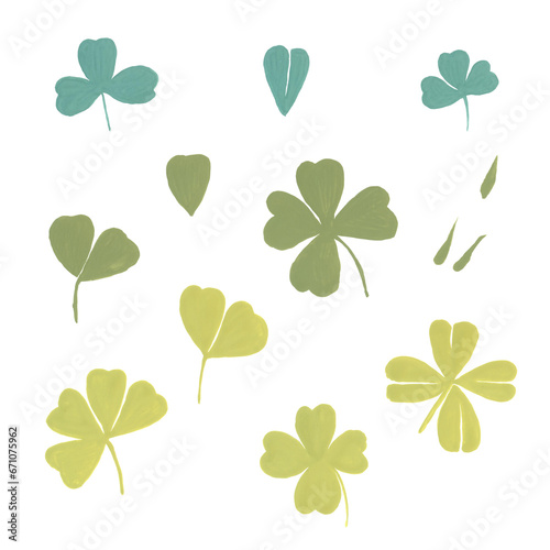 Clover leaves. Gouache illustration. Isolated objects on a white background.