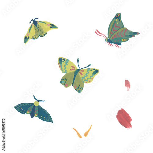 Butterflies. Gouache illustration. Isolated objects on a white background.