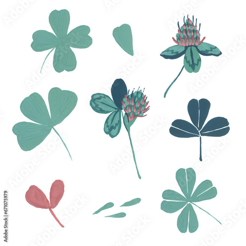 Clover leaves and flowers. Gouache illustration. Isolated objects on a white background.
