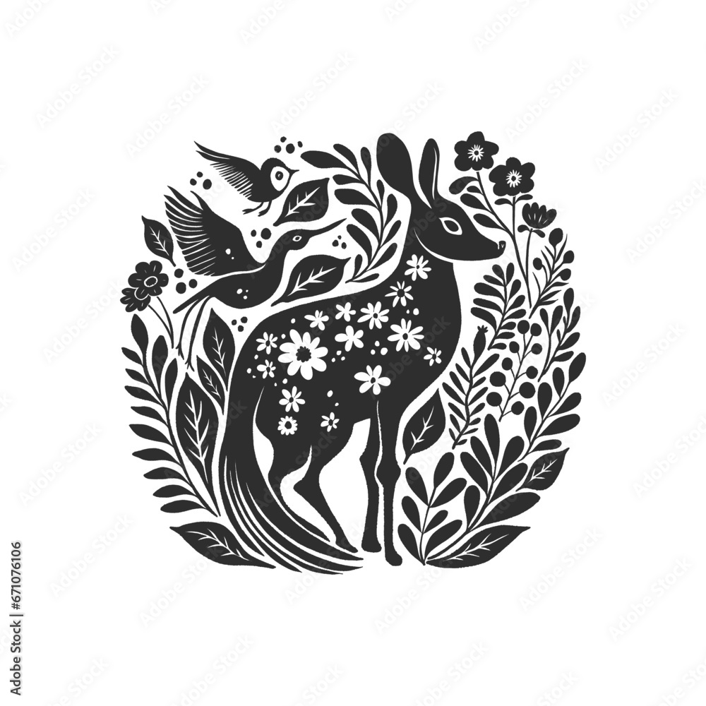 Fototapeta premium Abstract linocut flowers with magic, girls and mystical in ornate rural folk scandinavian style. Hand drawn Illustration, Linocut Blockprint.