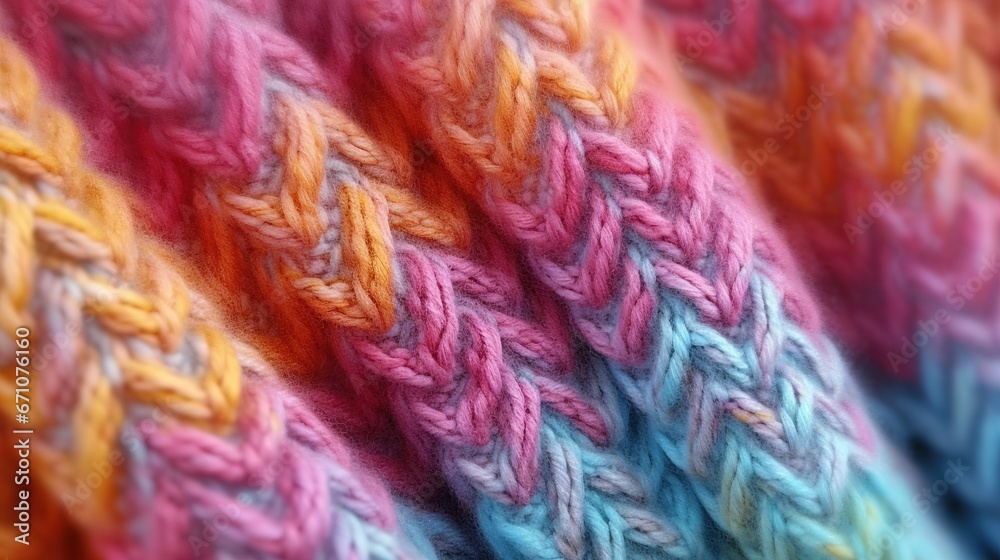  a close up of a multicolored knitted blanket.  generative ai