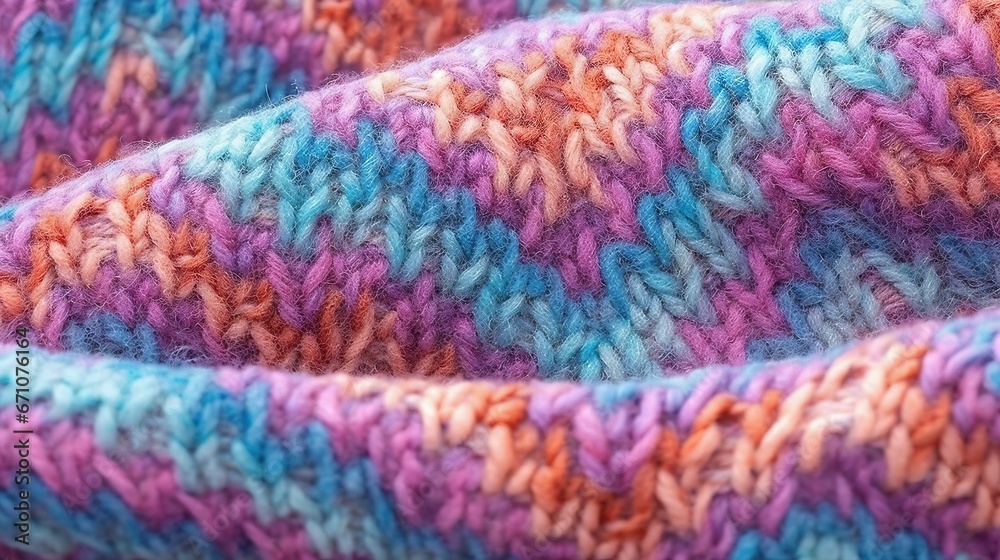  a close up of a colorful knitted blanket on a bed.  generative ai