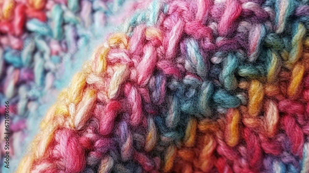  a close up of a knitted sweater with multicolored yarn.  generative ai