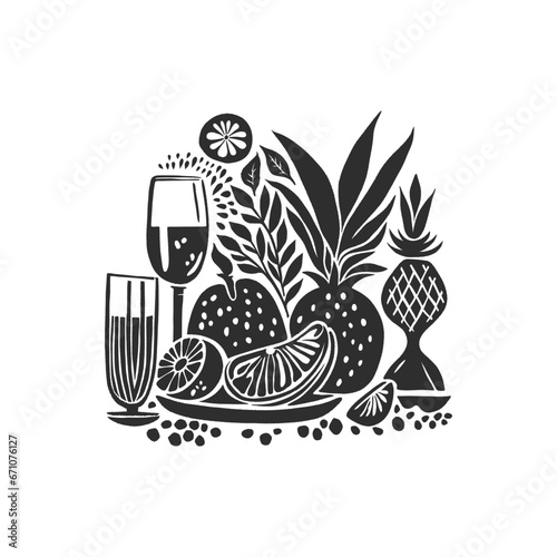 Abstract linocut flowers with magic, girls and mystical in ornate rural folk scandinavian style. Hand drawn Illustration, Linocut Blockprint.