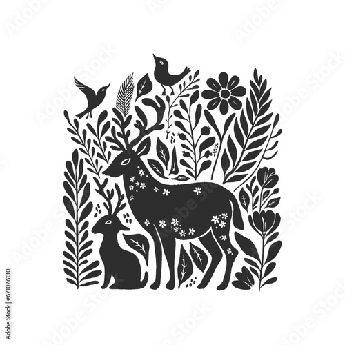 Abstract linocut flowers with magic, girls and mystical in ornate rural folk scandinavian style. Hand drawn Illustration, Linocut Blockprint.
