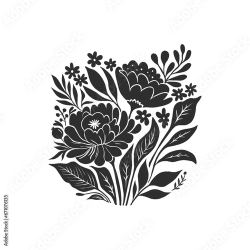 Abstract linocut flowers with magic, girls and mystical in ornate rural folk scandinavian style. Hand drawn Illustration, Linocut Blockprint.