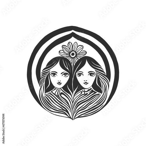 Abstract linocut flowers with magic, girls and mystical in ornate rural folk scandinavian style. Hand drawn Illustration, Linocut Blockprint.