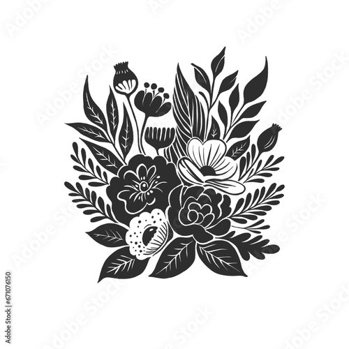 Abstract linocut flowers with magic, girls and mystical in ornate rural folk scandinavian style. Hand drawn Illustration, Linocut Blockprint.