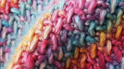  a close up of a knitted sweater with multicolored yarn.  generative ai © Nadia