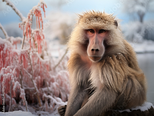 A Photo of a Baboon in a Winter Setting photo