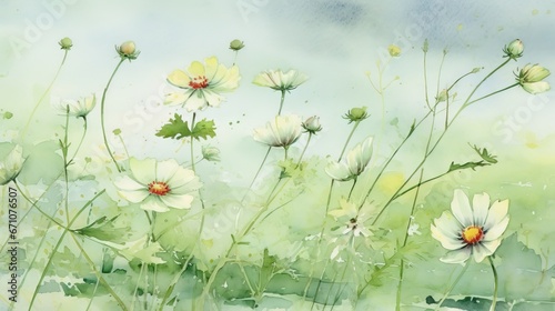  a painting of white flowers in a field of green grass.  generative ai © Nadia