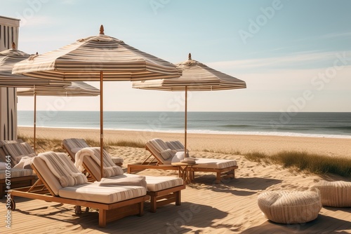 Beach Side Luxurious Sunbeds and Cabanas Overlooking the Horizon in a Sunny and Hot day of Summer.