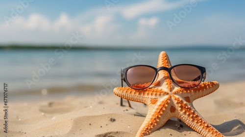 A Cool Star-Fish With Sunglasses in a Hot Day of Summer. Yellow Healthy Star-Fish in a Exotic Landscape. © Luca