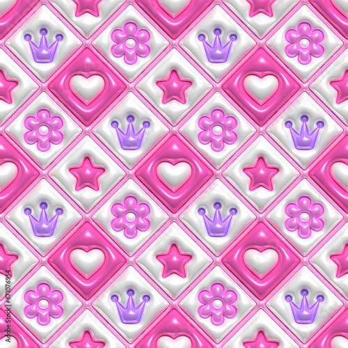 Pink 3D Inflated Puffy Princess Seamless Tileable Pattern.