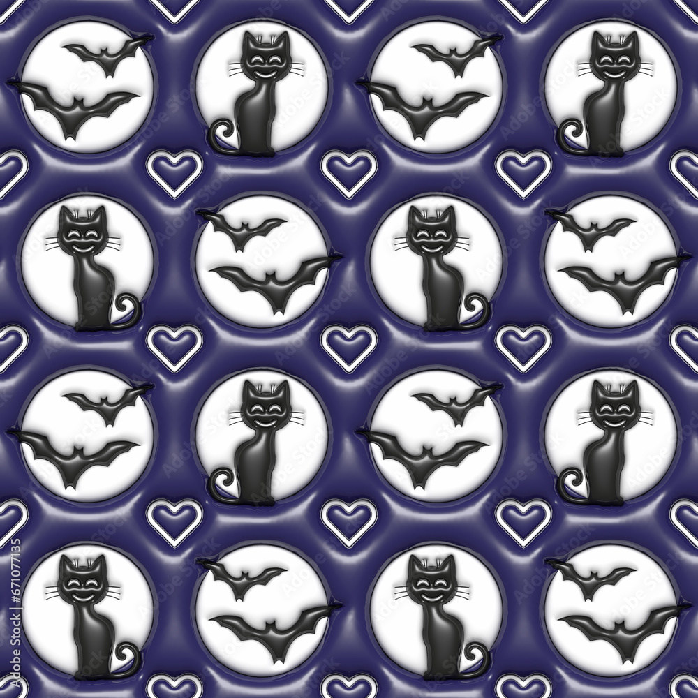 Halloween Black Cat. 3D Inflated Puffy Seamless Tileable Pattern.