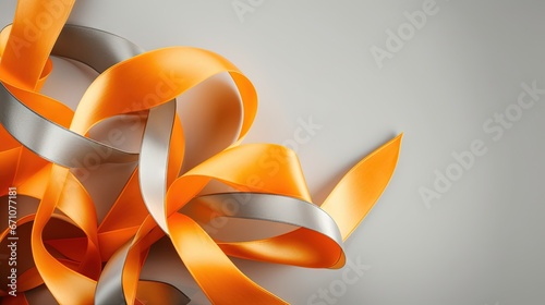  a bunch of orange and silver ribbons on a gray background. generative ai