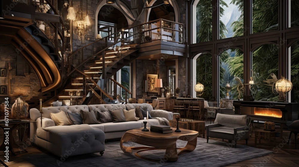 A Luxurious Wooden Living Room With a Massive Staircase. Interior of an Expensive Mansion.