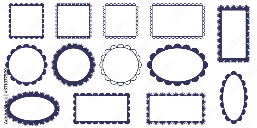Collection of Scallop black line and silhouette frame. Sale tags in different shapes square, circle and oval. Vector illustration set