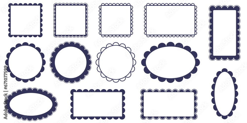 Collection of Scallop black line and silhouette frame. Sale tags in different shapes square, circle and oval. Vector illustration set Collection of Scallop black line and silhouette frame. Sale tags in different shapes square, circle and oval. Vector illustration set