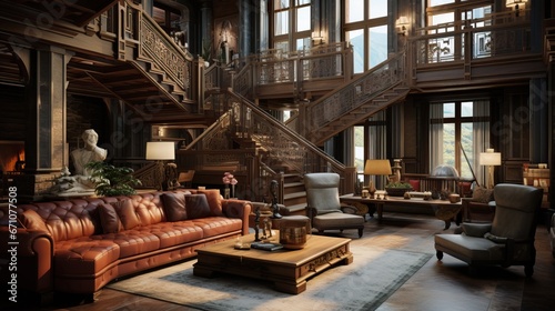 A Luxurious Wooden Living Room With a Massive Staircase. Interior of an Expensive Mansion.