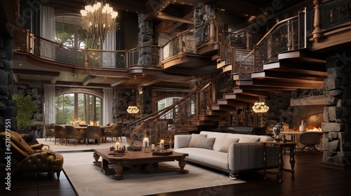 A Luxurious Wooden Living Room With a Massive Staircase. Interior of an Expensive Mansion.