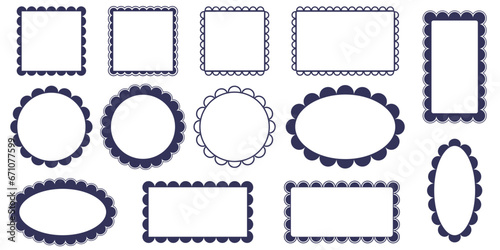 Collection of Scallop black line and silhouette frame. Sale tags in different shapes square, circle and oval. Vector illustration set