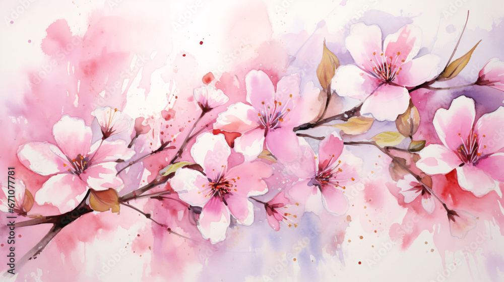 Fototapeta premium Pink And White Flowers Elegance Realistic Watercolor with Ink and Pencil Accents.
