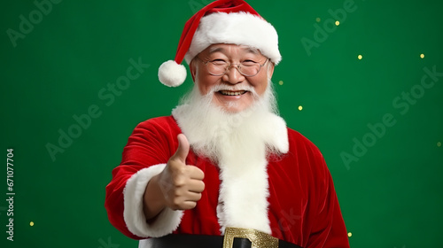 Christmas background with smiling Asian santa claus on green background. Santa Claus in a red suit shows a thumbs up and smiles. Chinese New Year concept.