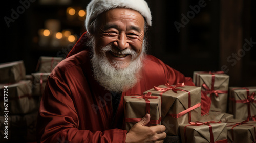 Christmas background with smiling Asian santa claus with a lot of box of gifts in his hands. Chinese New Year concept. © Luiza