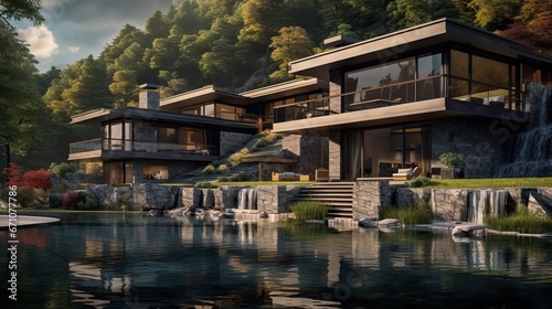 Huge Modern House Located Among the Trees inside a Green Forest. Luxury House in front of a Lake.
