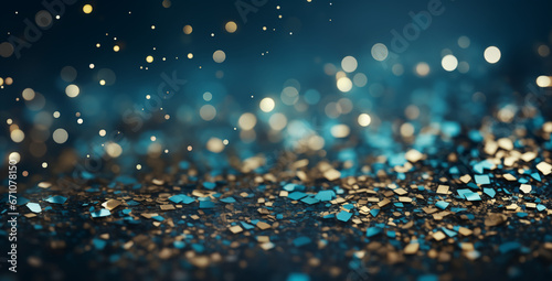Dark blue and gold particle golden light shine particles abstract background. Sapphire glitter bokeh unfocused shimmer royal blue turquoise sparkle. . Сhristmas wrapping paper. 