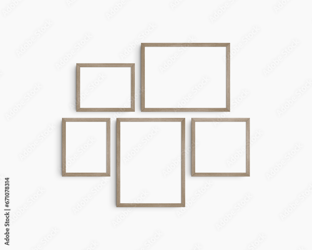 Gallery wall mockup set, 5 natural wood frames. Modern frame mockup. Horizontal, vertical, square frames, 12x16 (3:4), 16x12 (4:3), 8x10 (4:5), 10x8 (5:4), 10x10 (1:1) inches. White wall. Gallery wall mockup set, 5 natural wood frames. Modern frame mockup. Horizontal, vertical, square frames, 12x16 (3:4), 16x12 (4:3), 8x10 (4:5), 10x8 (5:4), 10x10 (1:1) inches. White wall.