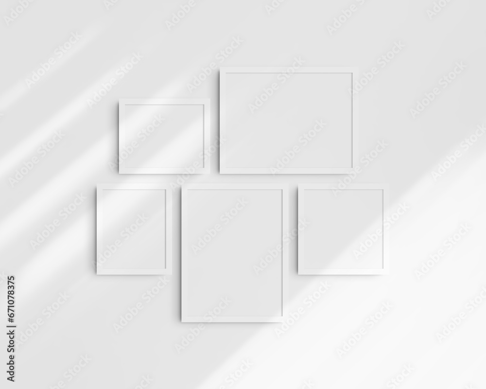 Gallery wall mockup set, 5 white frames. Modern frame mockup. Horizontal, vertical, square frames, 12x16 (3:4), 16x12 (4:3), 8x10 (4:5), 10x8 (5:4), 10x10 (1:1) inches. White wall with shadows. Gallery wall mockup set, 5 white frames. Modern frame mockup. Horizontal, vertical, square frames, 12x16 (3:4), 16x12 (4:3), 8x10 (4:5), 10x8 (5:4), 10x10 (1:1) inches. White wall with shadows.