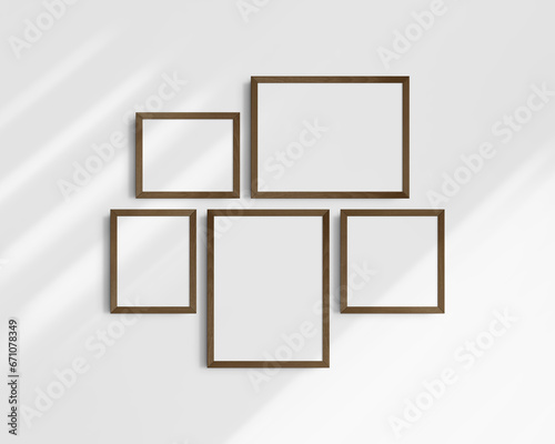 Gallery wall mockup set, 5 dark brown frames. Modern frame mockup. Horizontal, vertical, square frames, 12x16 (3:4), 16x12 (4:3), 8x10 (4:5), 10x8 (5:4), 10x10 (1:1) inches. White wall with shadows.
