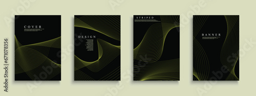 Set of dark abstract striped covers, templates, backgrounds, placards, brochures, banners, flyers and etc. Stylish minimalistic black posters - digital futuristic design. Curve green lines print