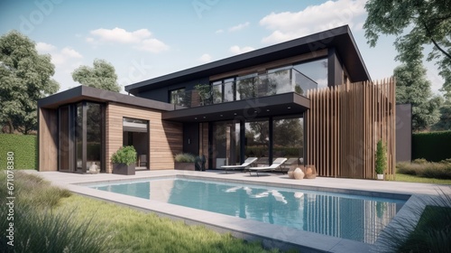 Design house - modern villa with open plan living and private bedroom wing. Large terrace with privacy thanks to the house, swimming pool. Small covered terrace for sauna and relaxation.  © 3D Station