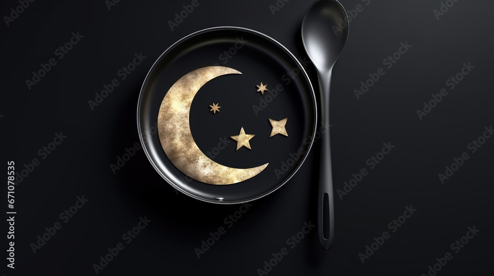 Eid Moon concept. Fry pan and half moon. Happy Ramadan concept. restaurant and Food day concept black background, banner, ad, card, and poster. 