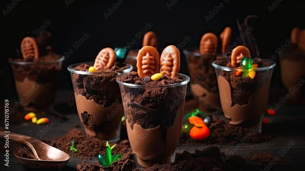 Graveyard dirt chocolate cups with gummy worms, sweet and funny dessert for Halloween party Graveyard dirt chocolate cups with gummy worms, sweet and funny dessert for Halloween party