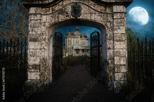 Entrance gateway to an old abandoned Victorian mansion house under a moonlit sky at night. 3D rendering.
