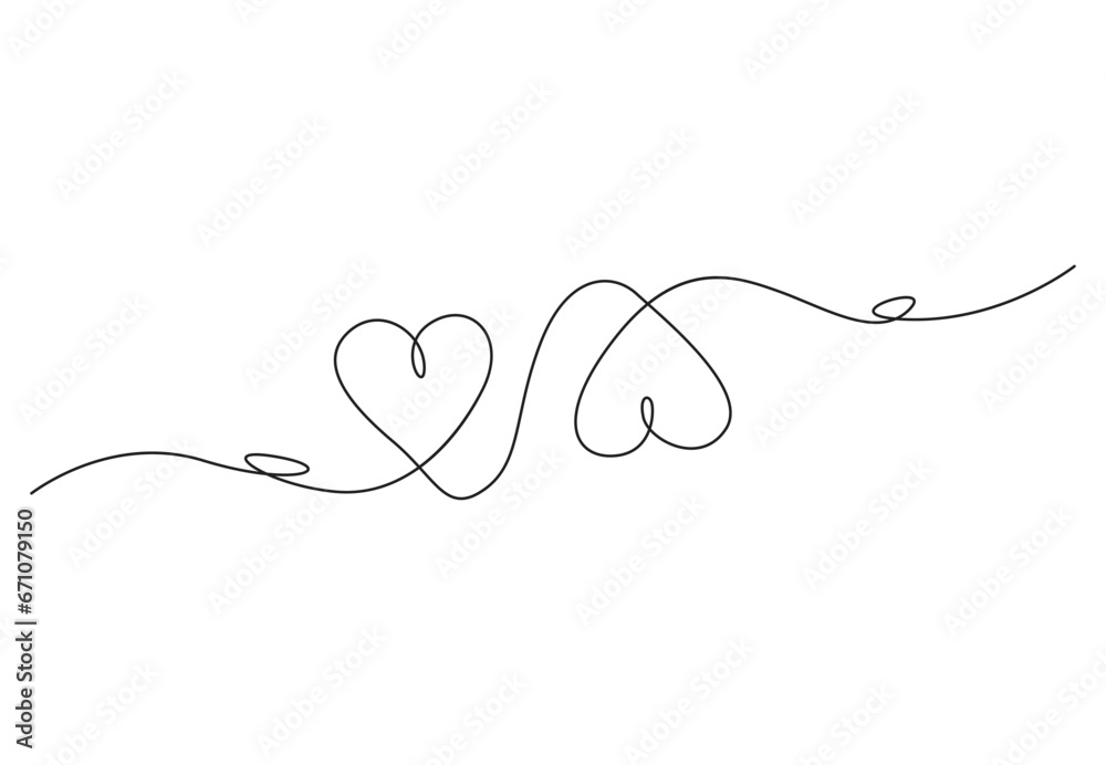 Heart and love swirl divider. Hand drawn sketch doodle style. Continuous one line drawing vector illustration. Pro vector. 