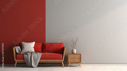 Minimalist room with red sofa, Japandi style
