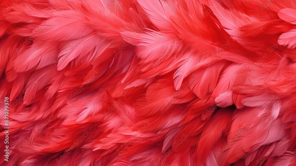  a close up of a red and pink bird's feathers.  generative ai