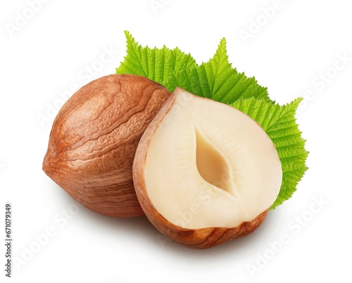 Hazelnut with leaves isolated on white background