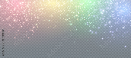 Light bokeh of rainbow dust. Christmas glowing bokeh and glitter overlay texture for your design on a transparent background. Rainbow particles abstract vector background.
