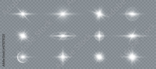 White flashes of light and glare. Laser beams of light. Beautiful light flashes. Glowing stripes on a transparent background.	