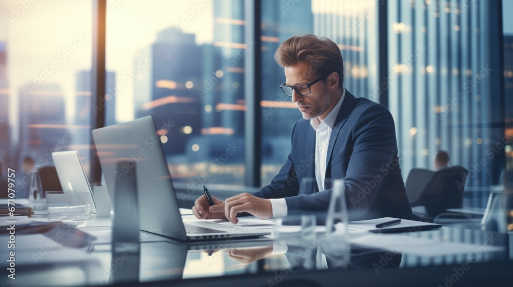 businessman working on computer in modern office and big glass in city businessman working on computer in modern office and big glass in city