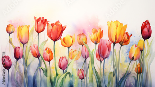 Beautiful Red and yellow tulips, Realistic Watercolor with Ink and Pencil Flourishes. © Akash